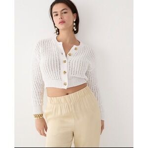 J.Crew Women Ivory White Open-Stitch Cropped Cardigan Sweater XXS Cotton Blend